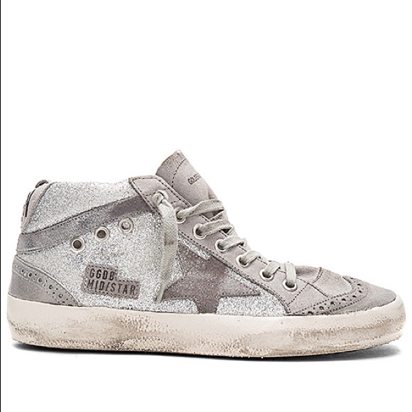 golden goose mid star sneakers in glitter and suede